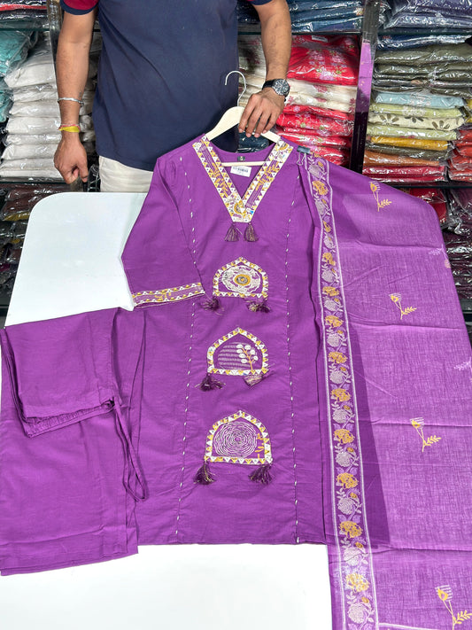 Pure Cotton Semi Formal Straight Suit With Beautiful Embroidery work on Designer Neck RR1322-Purple