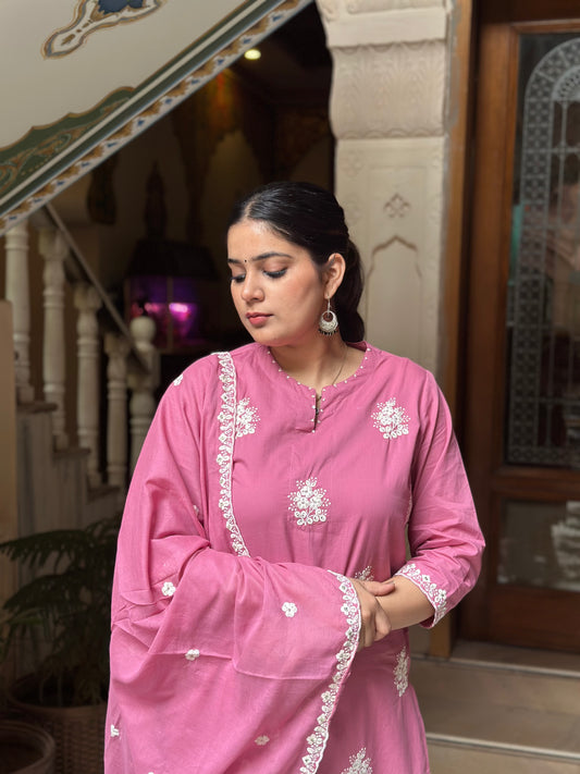 Women's Pink Cotton Straight Kurta Set with Embroidery & Neck Adda Work – Festive Wear (RR1028-Pink)