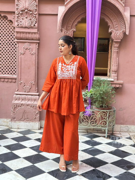 Women's Orange Pure Cotton Embroidered Top & Pant Set – Festive Wear (RR1036-Orange)
