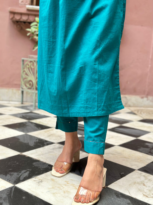 Women's Blue Khadi Cotton Embroidered Kurta Set – Festive Wear (RR1037-Blue)