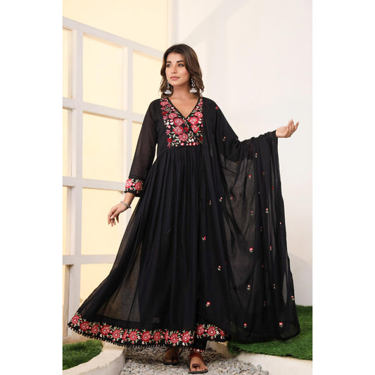 Black Anarkali Cotton Kurta Set – Embroidered Festive Wear (RR1053-Black)